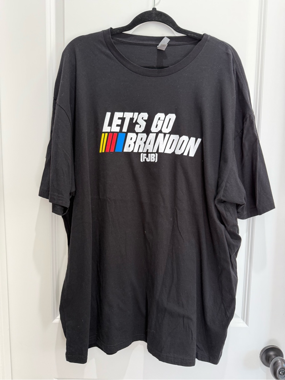 Gildan Black "Let's Go Brandon" Short Sleeve Tee with Red Yellow Blue Accent